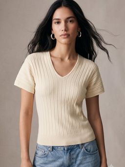 Outzidr - Cream Textured Polyester Fitted Top