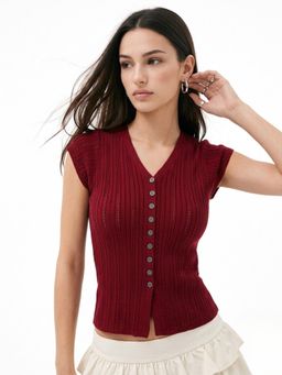 Outzidr - Red Solid Polyester Fitted Top