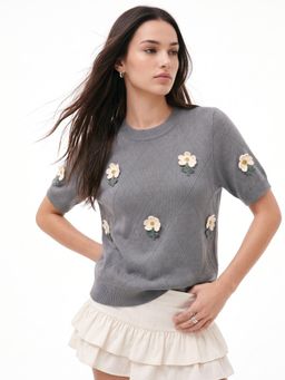 Outzidr - Grey Floral Polyester Regular Top