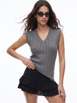 Outzidr - Grey Self Design Polyester Fitted Top