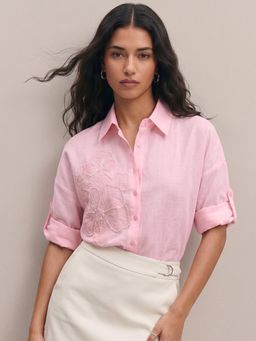 Outzidr - Pink Embroidered Polyester Shirt