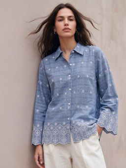 Outzidr - Blue Embroidered Cotton Shirt