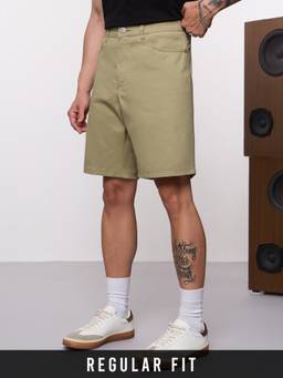 The Souled Store - Minimalist Line: Olive Green Men Chino Shorts