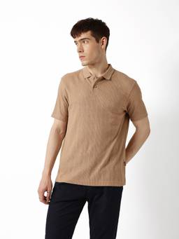 The Bear House - Brown Cotton Half Sleeves Collar Neck Textured Polo T-Shirt