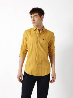 The Bear House - Mustard Cotton Full Sleeves Collar Neck Stripes Shirt