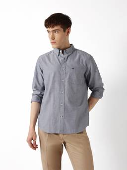 The Bear House - Navy Blue Cotton Full Sleeves Collar Neck Solid Shirt