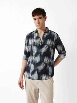 The Bear House - Blue Viscose Full Sleeves Collar Neck Abstract Shirt