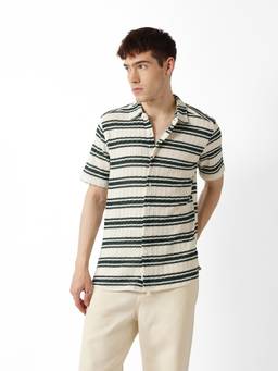 The Bear House - Beige Cotton Half Sleeves Collar Neck Stripes Shirt