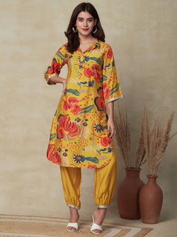 FASHOR - Floral Foil Printed Kurta with Pant - Yellow (Set of 2)