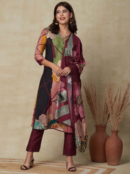 FASHOR - Abstract Floral Kurta with Pant & Dupatta - Multi-Color (Set of 3)