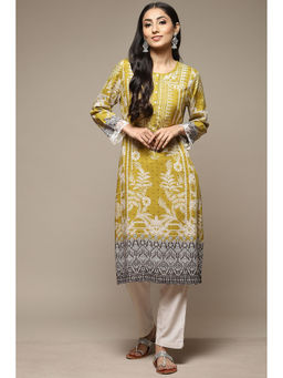 Biba - Womens Olive Printed Rayon Straight Kurta