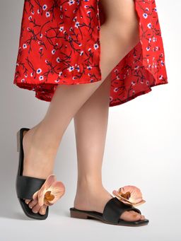 Shoetopia - Women Floral Accented Black Flats