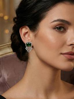 Yellow Chimes - Silver Plated Emerald Green Cubic Zircon Stud Earrings
