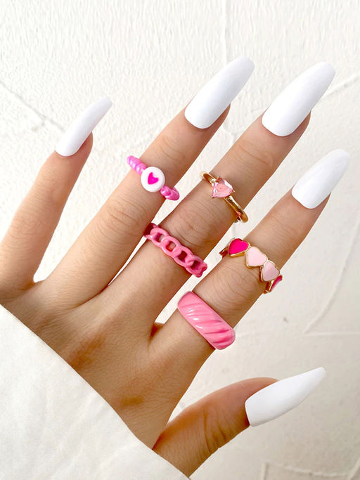 Jewels Galaxy Jewellery For Women Pink Gold Plated Hearts Stackable Rings (Set of 5)