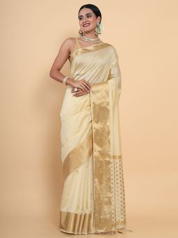 Mimosa - Women Traditional Kasavu Art Silk Beige Saree with Unstitched Blouse