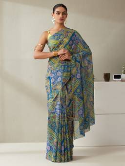 Garden VARELI - Women Blue Georgette Abstract Saree