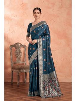 Monjolika Fashion - Teal Satin Silk Banarasi Saree