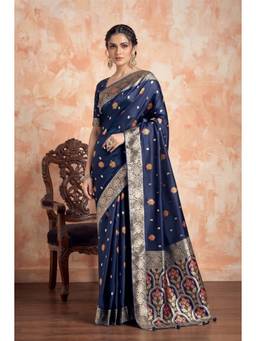 Monjolika Fashion - Navy Blue Satin Silk Banarasi Saree