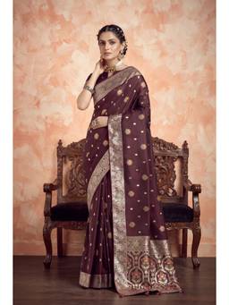 Monjolika Fashion - Maroon Satin Silk Banarasi Saree