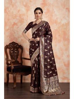 Monjolika Fashion - Dark Maroon Satin Silk Banarasi Saree