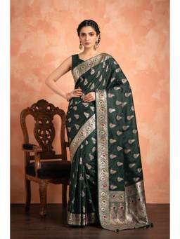 Monjolika Fashion - Dark Green Satin Silk Banarasi Saree