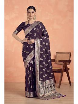 Monjolika Fashion - Dark Purple Satin Silk Banarasi Saree