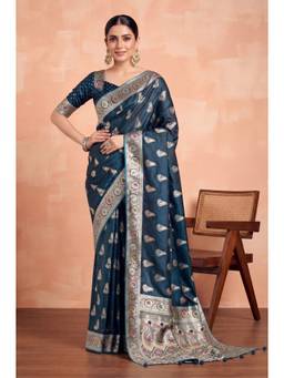 Monjolika Fashion - Dark Teal Satin Silk Banarasi Saree