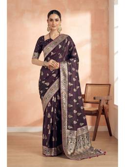 Monjolika Fashion - Dark Wine Satin Silk Banarasi Saree