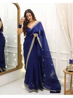 FLOSIVE - Elegant Navy Blue Georgette Embroidered Border Saree