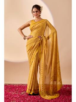 RACHNA - Yellow Digital Floral Print Chiffon Festive Ethnic Pre-Draped Saree