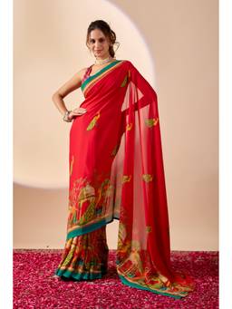 RACHNA - Red Printed Georgette Ready To Wear Saree