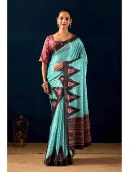 RACHNA - Turquoise Digital Kalamkari Print Cotton Silk Festive Elegant Pre-Draped Saree