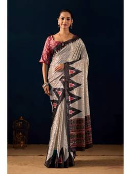 RACHNA - Beige Digital Kalamkari Print Cotton Silk Festive Elegant Pre-Draped Saree