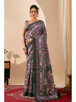 RACHNA - Black Digital Floral Print Chiffon Festive Ethnic Pre-Draped Saree
