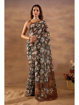 RACHNA - Green Floral Poly Chiffon Pre-Draped Saree
