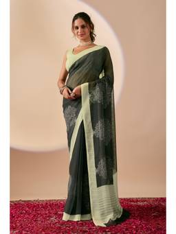 RACHNA - Black Floral Print Silk Festive Ethnic Pre-Draped Saree