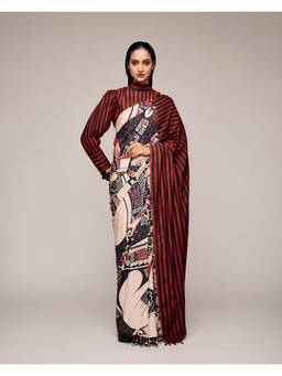 RACHNA - Black Stripes Print Silk Blend Ready To Wear Saree