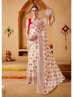 RACHNA - Off White Floral Print Tissue Ready To Wear Saree
