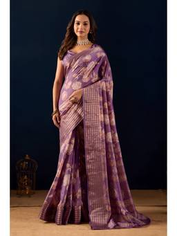 RACHNA - Lavender Floral Printed Jacquard Sequins Border Dola Ready To Wear Saree