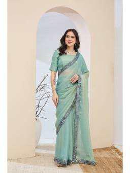 RACHNA - Turquoise Solid Silk Blend Ready To Wear Saree