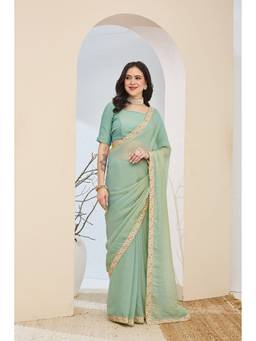 RACHNA - Blue Solid Silk Blend Ready To Wear Saree