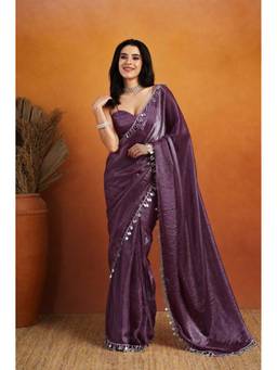 RACHNA - Purple Mirror Work Lace Glass Chiffon Ready To Wear Saree