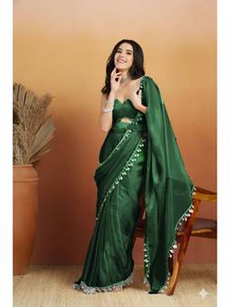 RACHNA - Green Mirror Work Lace Glass Chiffon Ready To Wear Saree