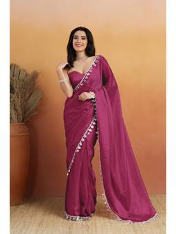 RACHNA - Wine Mirror Work Lace Glass Chiffon Ready To Wear Saree