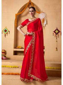 RACHNA - Red Solid Tissue Ready To Wear Saree