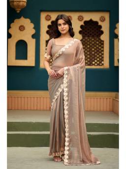 RACHNA - Beige Satin Thread Work Ready To Wear Saree