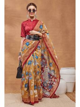 RACHNA - Mustard Floral Silk Blend Regular Saree