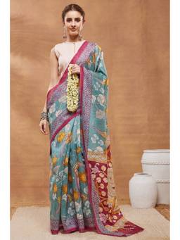 RACHNA - Turquoise Floral Silk Blend Regular Saree