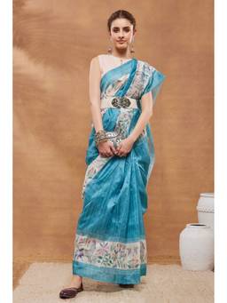 RACHNA - Turquoise Floral Silk Blend Regular Saree