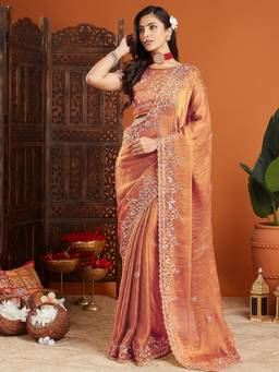URBAN PALLU - Peach Embellished Embroidered Organza Heavy Work Mysore Silk Saree